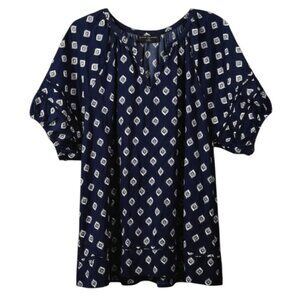 Lane Bryant 22/24 Blouse Short Sleeve V-Neck Boho Lined Navy White